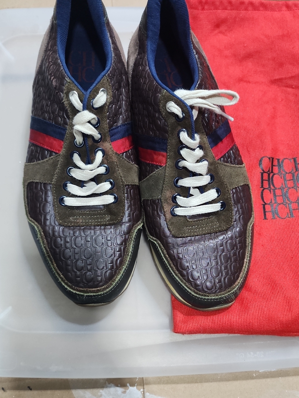 Carolina Herrera Brown Embossed Leather Sneakers with Red & Blue Stripes